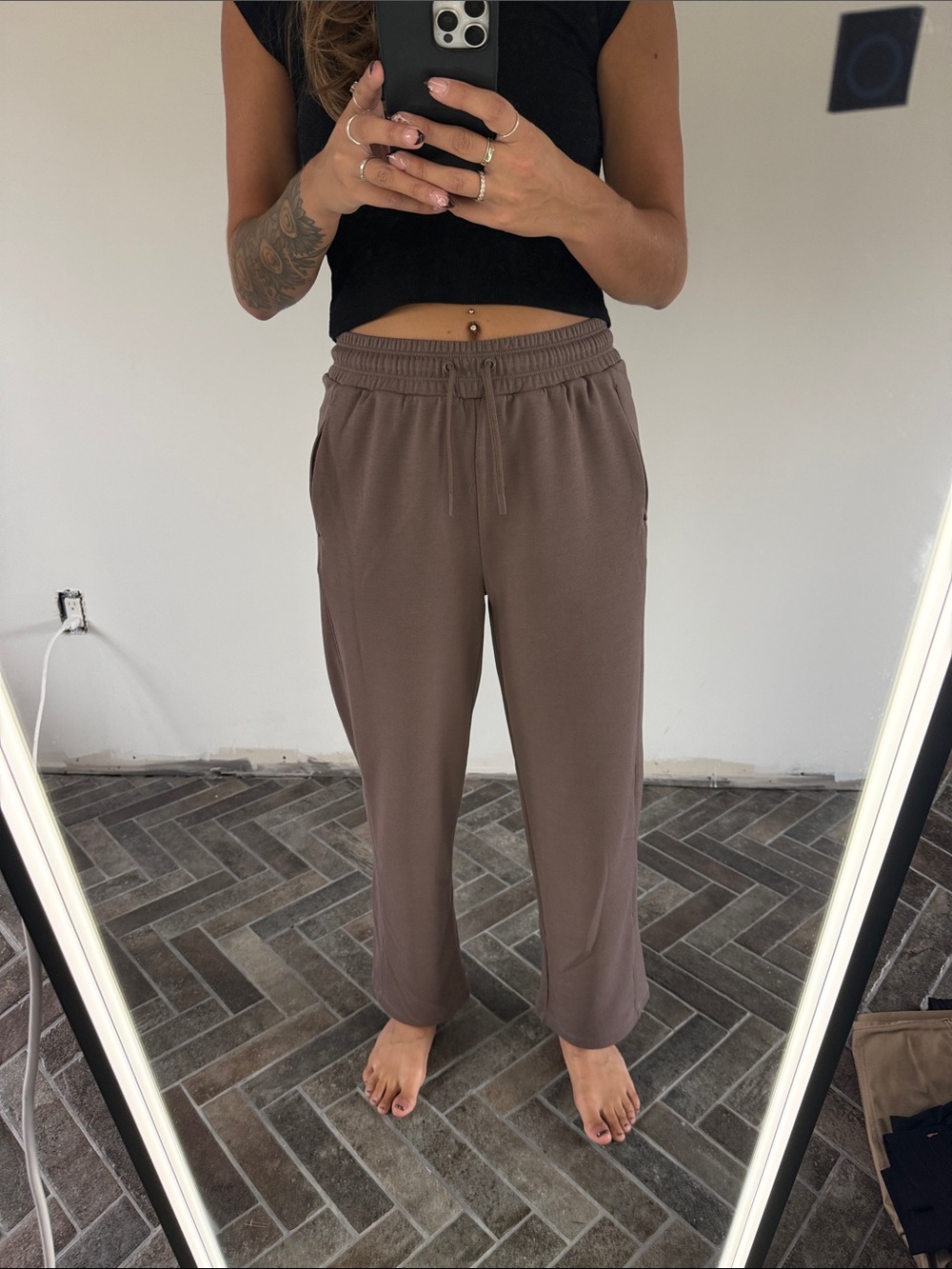 Mondetta Wide-Leg Drawstring Track Pants in Taupe